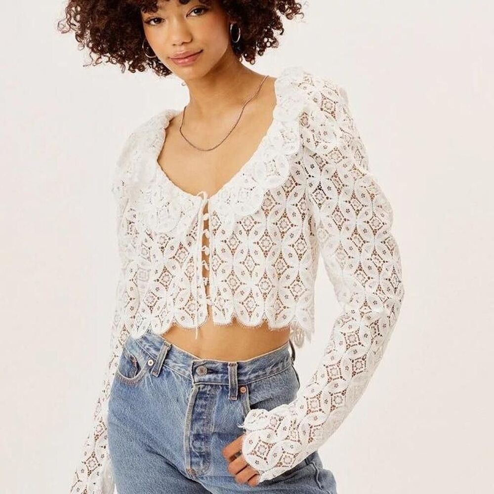 For Love & Lemons Charmaine Lace Crop Top Sz L White Puff Long Sleeve Sheer Boho